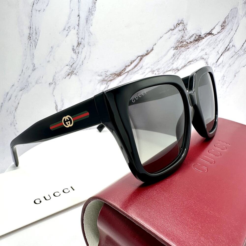 New GUCCI Sunglasses Black 54mm Square Gold Interlocking GG Red Green Web